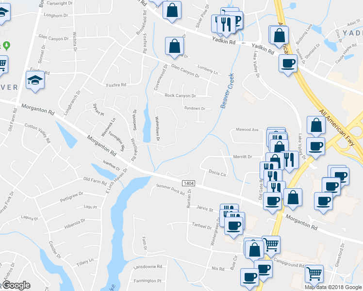 map of restaurants, bars, coffee shops, grocery stores, and more near 325 Waterdown Drive in Fayetteville