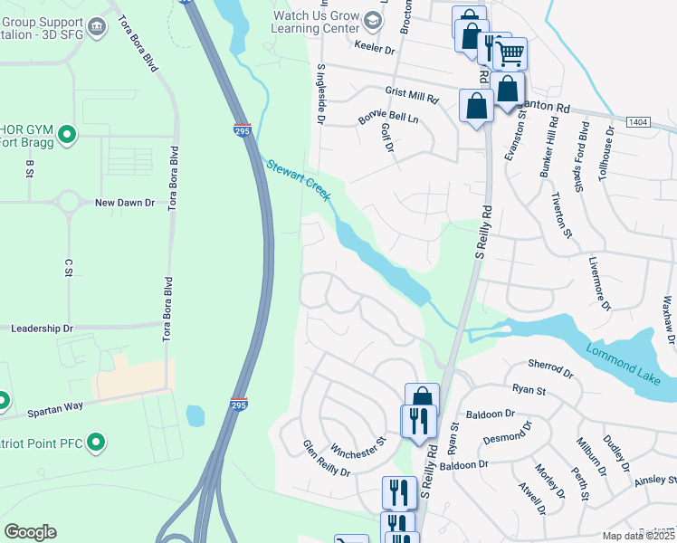 map of restaurants, bars, coffee shops, grocery stores, and more near 6772 Willowbrook Drive in Fayetteville