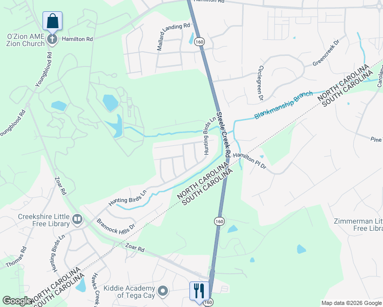 map of restaurants, bars, coffee shops, grocery stores, and more near 16515 Falconry Way in Charlotte