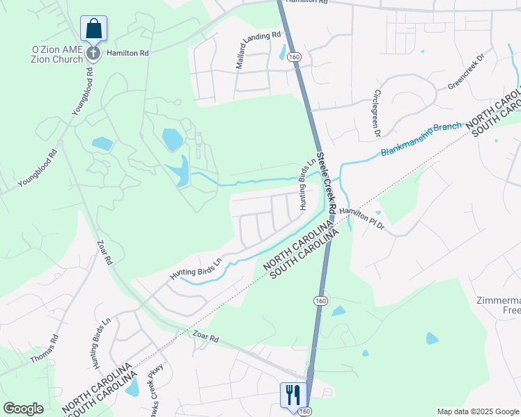 map of restaurants, bars, coffee shops, grocery stores, and more near 12428 Caracara Court in Charlotte