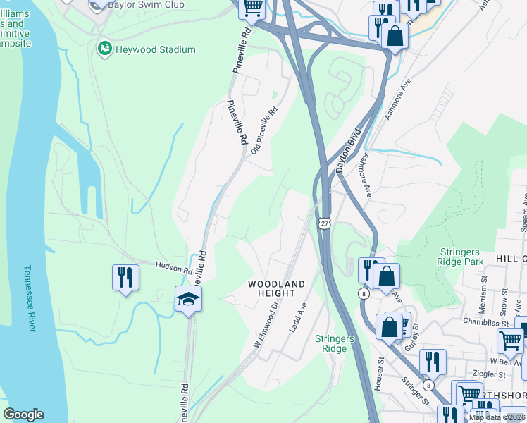 map of restaurants, bars, coffee shops, grocery stores, and more near 1021 Beason Drive in Chattanooga