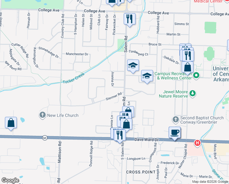 map of restaurants, bars, coffee shops, grocery stores, and more near 2910 Stermer Rd in Conway