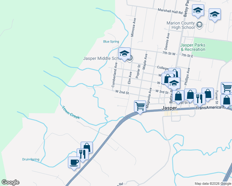 map of restaurants, bars, coffee shops, grocery stores, and more near 419 West 2nd Street in Jasper