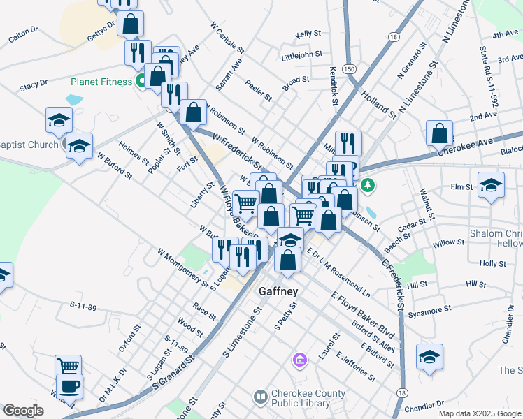 map of restaurants, bars, coffee shops, grocery stores, and more near 301 North Logan Street in Gaffney