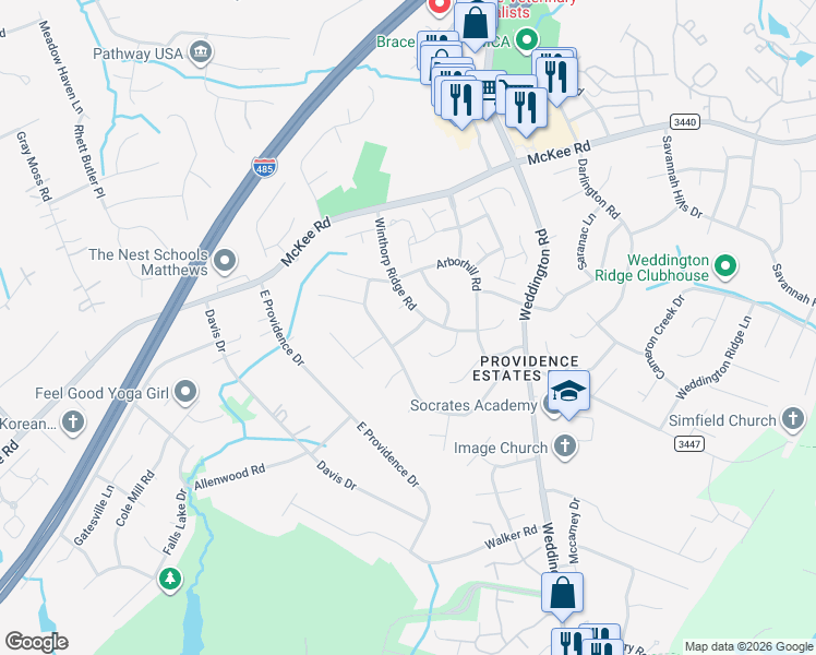 map of restaurants, bars, coffee shops, grocery stores, and more near 2724 Apple Twig Drive in Charlotte