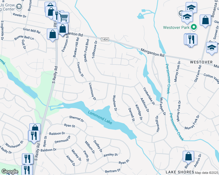 map of restaurants, bars, coffee shops, grocery stores, and more near 207 Livermore Drive in Fayetteville