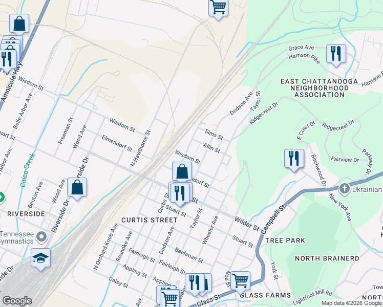 map of restaurants, bars, coffee shops, grocery stores, and more near 3304 Curtis Street in Chattanooga