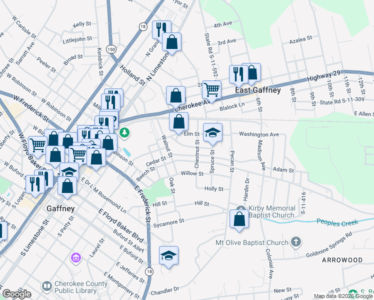 map of restaurants, bars, coffee shops, grocery stores, and more near 208 Magnolia St in Gaffney