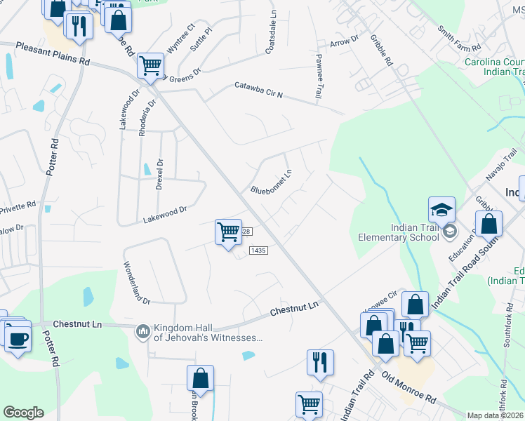 map of restaurants, bars, coffee shops, grocery stores, and more near 3709 Old Monroe Road in Matthews