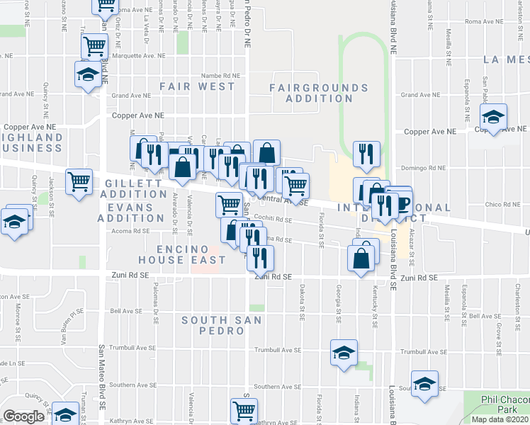 map of restaurants, bars, coffee shops, grocery stores, and more near 6327 Cochiti Road Southeast in Albuquerque