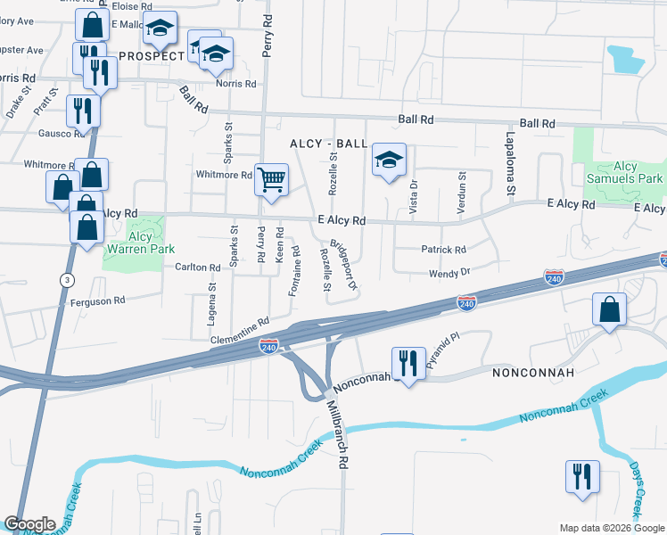 map of restaurants, bars, coffee shops, grocery stores, and more near 2542 Rozelle Street in Memphis