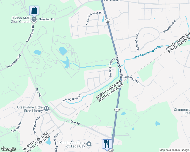 map of restaurants, bars, coffee shops, grocery stores, and more near 12428 Caracara Court in Charlotte