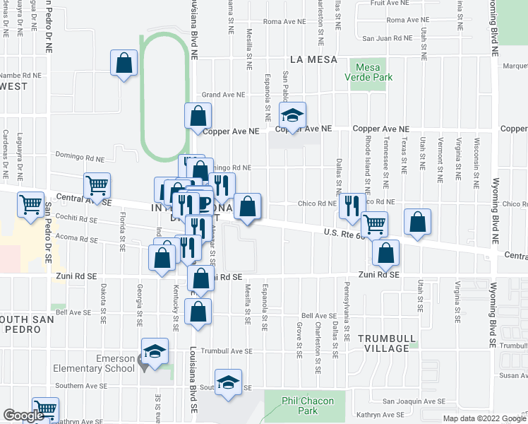map of restaurants, bars, coffee shops, grocery stores, and more near 7423 Central Avenue Northeast in Albuquerque