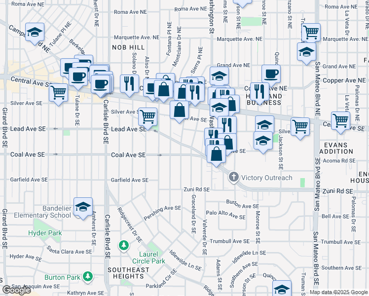 map of restaurants, bars, coffee shops, grocery stores, and more near 4208 Lead Avenue Southeast in Albuquerque