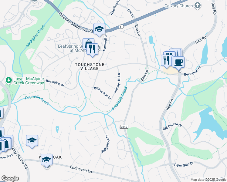 map of restaurants, bars, coffee shops, grocery stores, and more near 6307 South Point Drive in Charlotte
