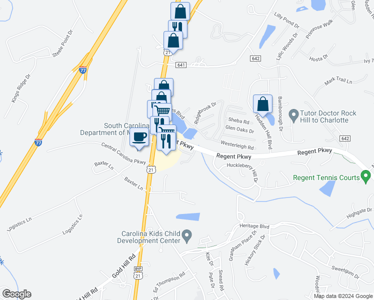 map of restaurants, bars, coffee shops, grocery stores, and more near 218 Township Drive in Fort Mill