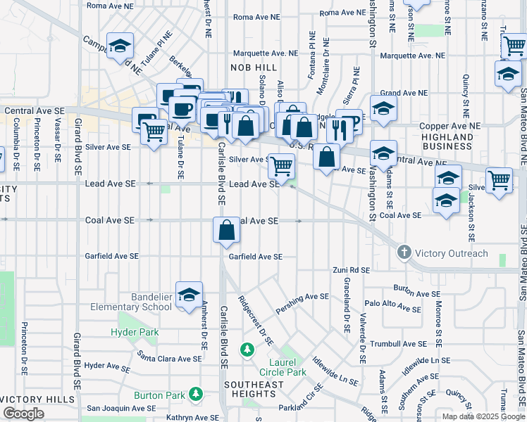 map of restaurants, bars, coffee shops, grocery stores, and more near 314 Solano Drive Southeast in Albuquerque