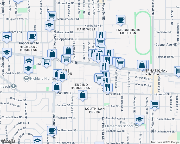 map of restaurants, bars, coffee shops, grocery stores, and more near 200 Valencia Drive Northeast in Albuquerque