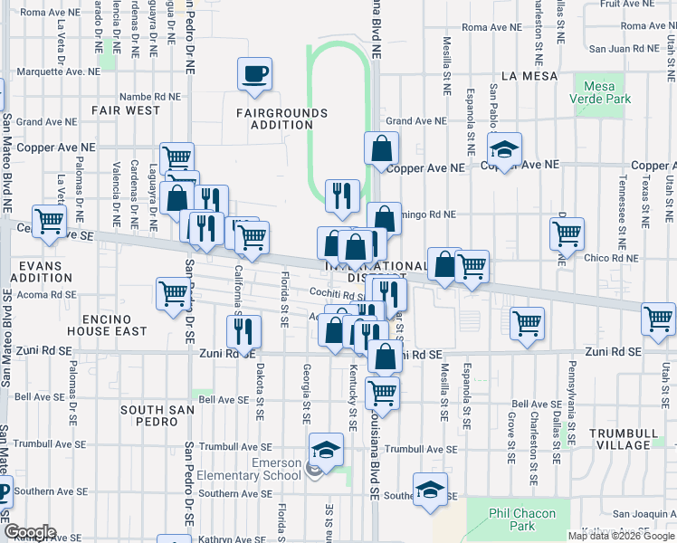 map of restaurants, bars, coffee shops, grocery stores, and more near 6904 Central Avenue Southeast in Albuquerque