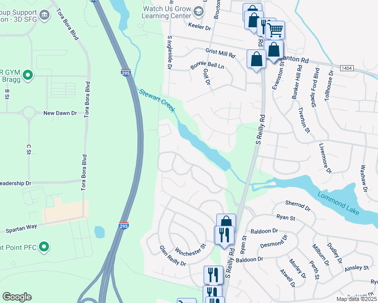 map of restaurants, bars, coffee shops, grocery stores, and more near 6772 Willowbrook Drive in Fayetteville