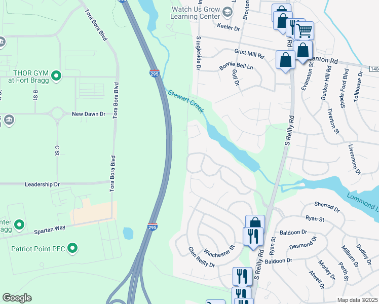 map of restaurants, bars, coffee shops, grocery stores, and more near 6804 Willowbrook Drive in Fayetteville