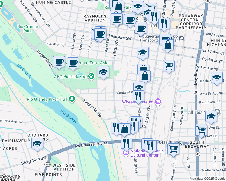 map of restaurants, bars, coffee shops, grocery stores, and more near 801 Santa Fe Avenue Southwest in Albuquerque