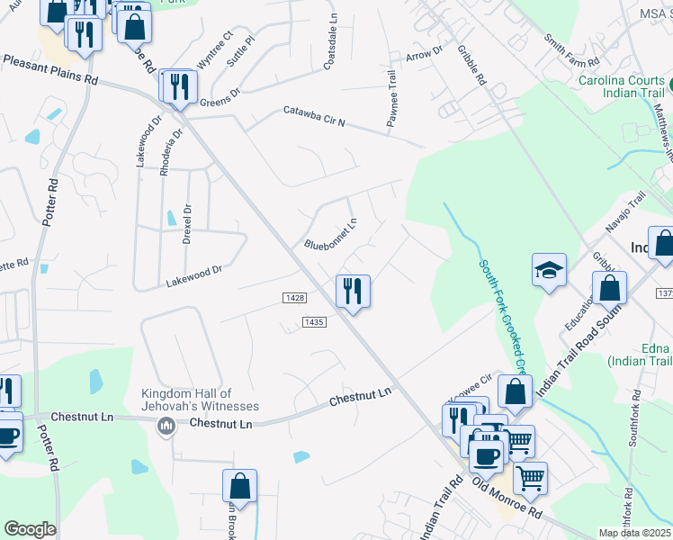map of restaurants, bars, coffee shops, grocery stores, and more near 219 Park Meadows Drive in Stallings