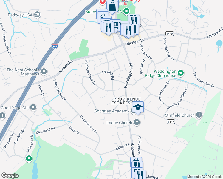 map of restaurants, bars, coffee shops, grocery stores, and more near 3533 Arborhill Road in Charlotte