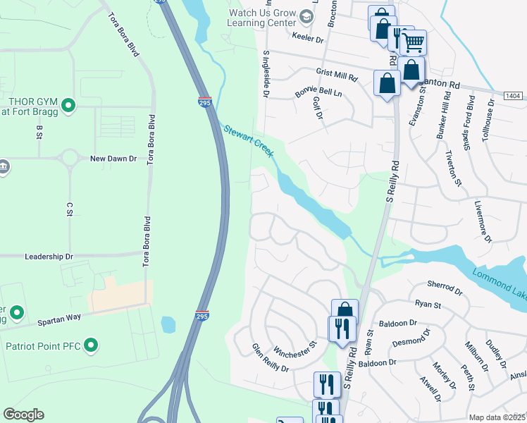 map of restaurants, bars, coffee shops, grocery stores, and more near 6800 Willowbrook Drive in Fayetteville