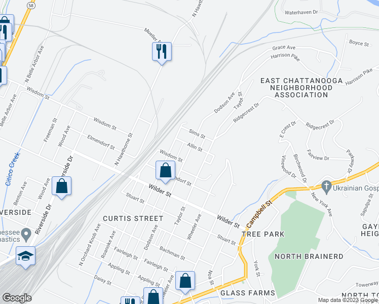 map of restaurants, bars, coffee shops, grocery stores, and more near 3308 Dodson Avenue in Chattanooga