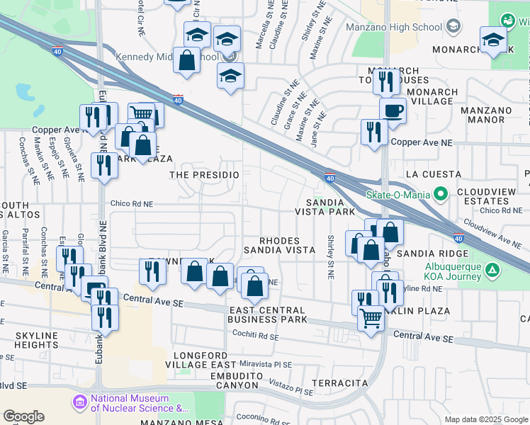 map of restaurants, bars, coffee shops, grocery stores, and more near 524 Ida Place Northeast in Albuquerque