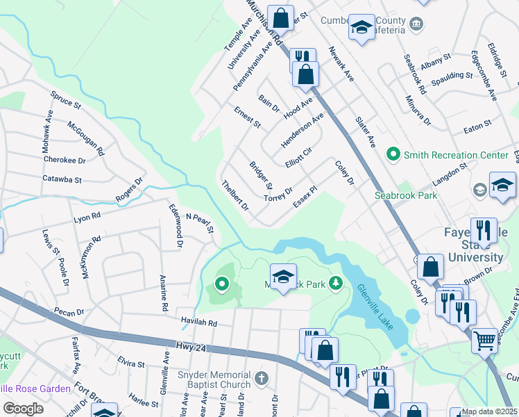 map of restaurants, bars, coffee shops, grocery stores, and more near 1350 Bridger Street in Fayetteville
