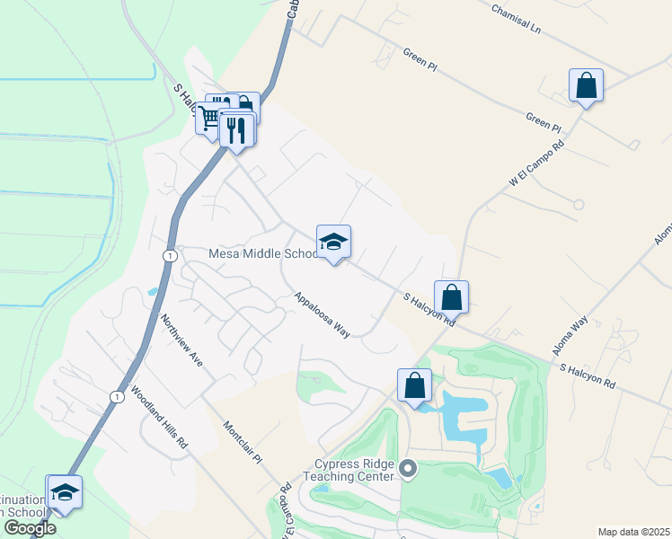 map of restaurants, bars, coffee shops, grocery stores, and more near 2555 South Halcyon Road in Arroyo Grande