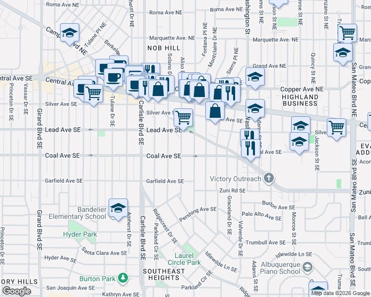 map of restaurants, bars, coffee shops, grocery stores, and more near 320 Aliso Drive Southeast in Albuquerque