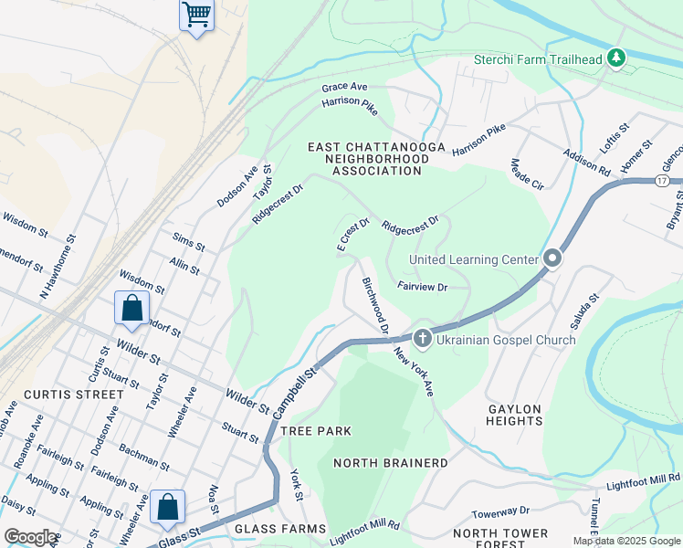 map of restaurants, bars, coffee shops, grocery stores, and more near 3427 Vinewood Drive in Chattanooga