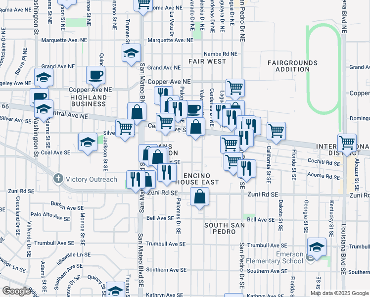 map of restaurants, bars, coffee shops, grocery stores, and more near 111 Alvarado Drive Southeast in Albuquerque