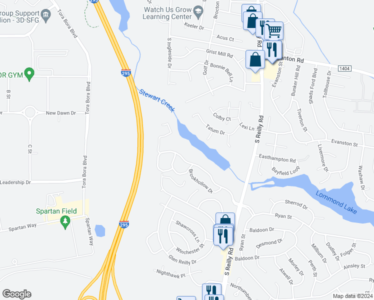 map of restaurants, bars, coffee shops, grocery stores, and more near 6772 Willowbrook Drive in Fayetteville
