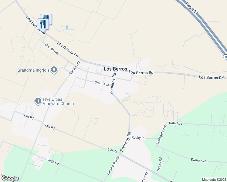 map of restaurants, bars, coffee shops, grocery stores, and more near 1794 Pomeroy Road in Arroyo Grande