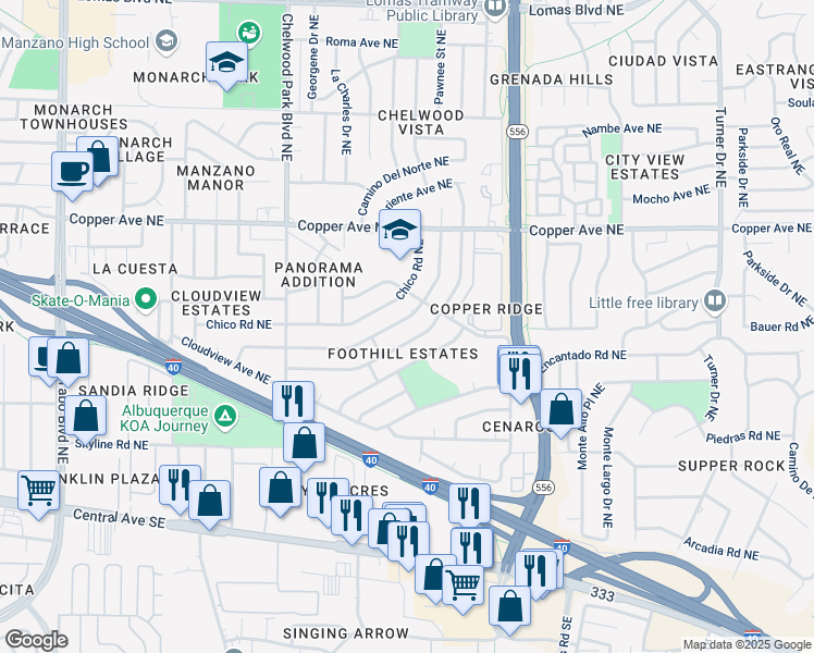 map of restaurants, bars, coffee shops, grocery stores, and more near 13120 Turquoise Ave NE in Albuquerque