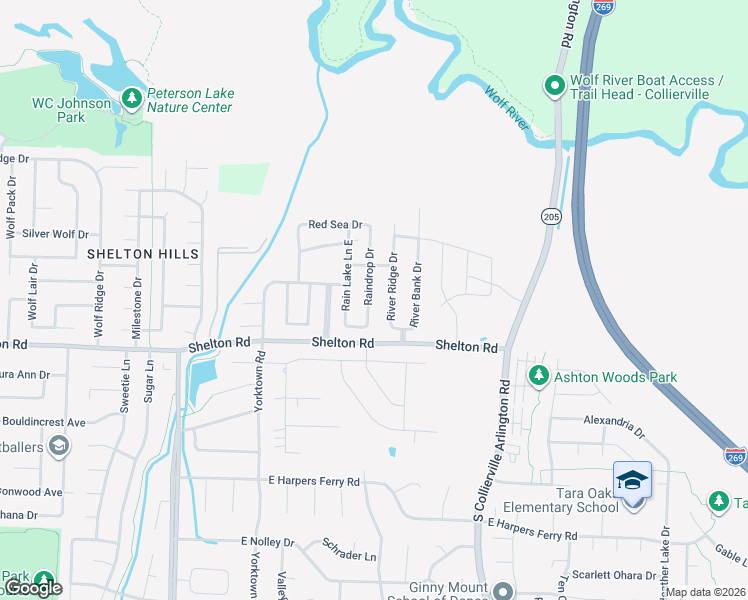 map of restaurants, bars, coffee shops, grocery stores, and more near 1320 Raindrop Drive in Collierville