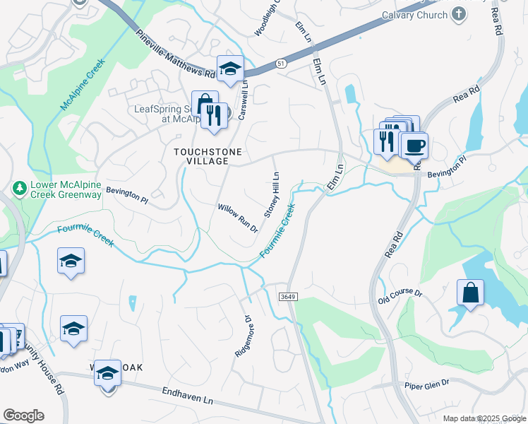 map of restaurants, bars, coffee shops, grocery stores, and more near 6307 South Point Drive in Charlotte