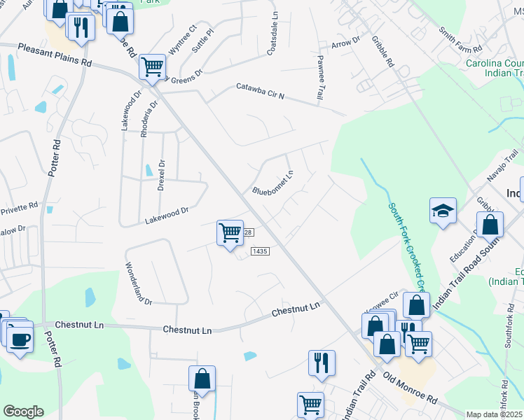 map of restaurants, bars, coffee shops, grocery stores, and more near 3709 Old Monroe Road in Matthews