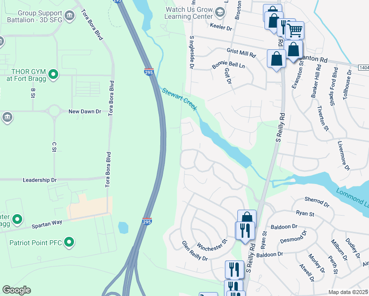 map of restaurants, bars, coffee shops, grocery stores, and more near 6804 Willowbrook Drive in Fayetteville