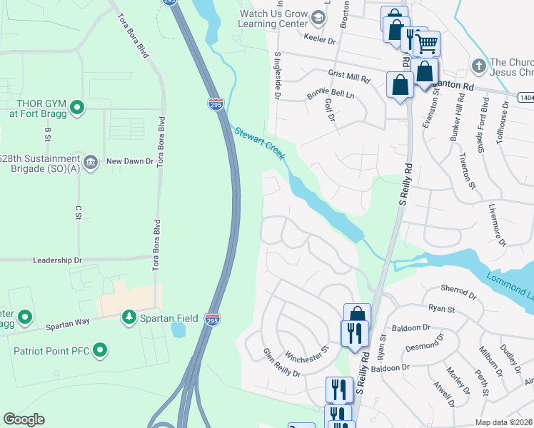 map of restaurants, bars, coffee shops, grocery stores, and more near 6804 Willowbrook Drive in Fayetteville