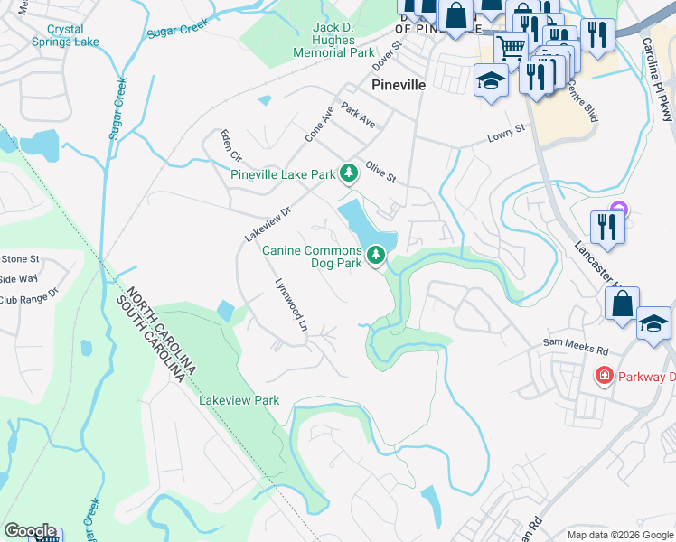 map of restaurants, bars, coffee shops, grocery stores, and more near 117 Parklake Drive in Pineville