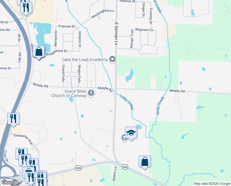 map of restaurants, bars, coffee shops, grocery stores, and more near 123 East German Lane in Conway