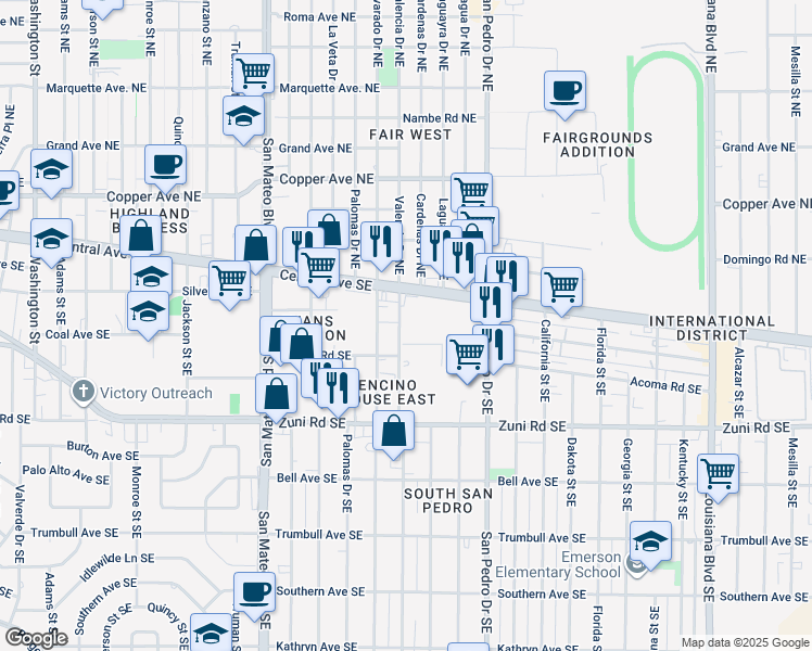 map of restaurants, bars, coffee shops, grocery stores, and more near 124 Alvarado Drive Southeast in Albuquerque