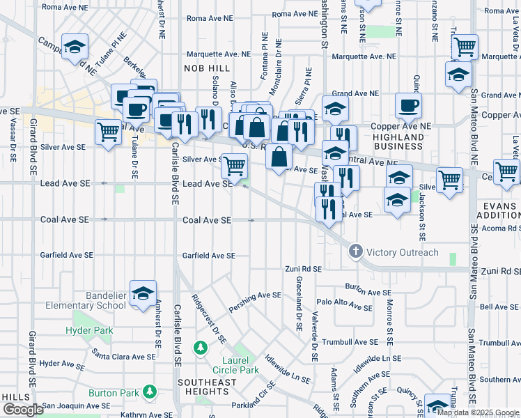 map of restaurants, bars, coffee shops, grocery stores, and more near 306 Montclaire Drive Southeast in Albuquerque