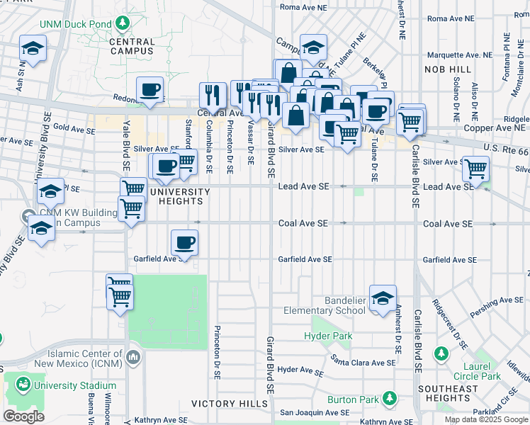 map of restaurants, bars, coffee shops, grocery stores, and more near 320 Vassar Drive Southeast in Albuquerque
