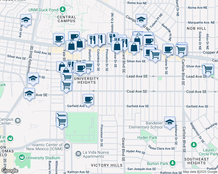 map of restaurants, bars, coffee shops, grocery stores, and more near 318 Princeton Drive Southeast in Albuquerque